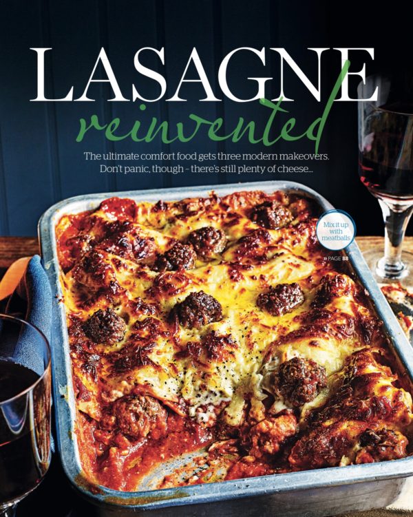 A large roasting tin showing a delicious family sized lasagne being served