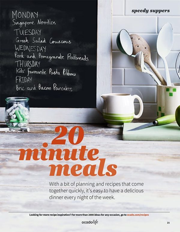 An opening shot showing a kitchen surface with a weekly meal plan