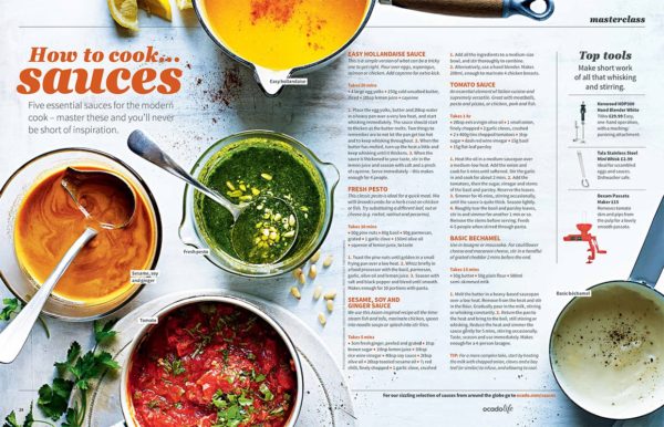 Creative food photography showing a double page feature showing a range of different sauces and how to make them