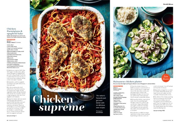 Creative food photography showing a tray bake of a chicken inspired spaghetti, showing all the pasta beneath four seasoned chicken breasts, along with recipe