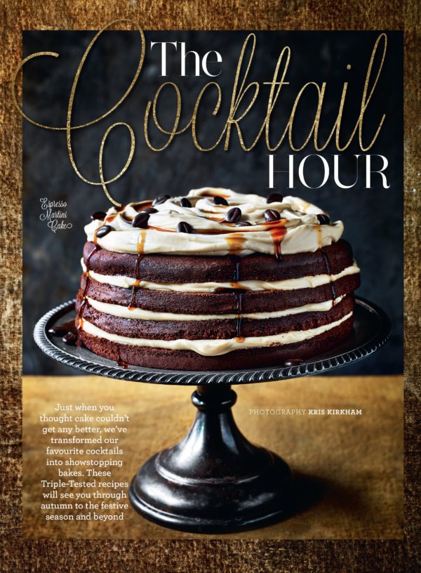 Food photography showing a grand chocolate sponge decorated with layers of rich cream, drizzled with sauce and decorated with coffee beans, as the front cover of the article