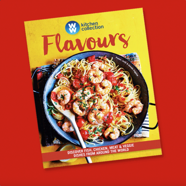 Food videography showing a Weight Watcher recipe book, with a prawn noodle dish shown