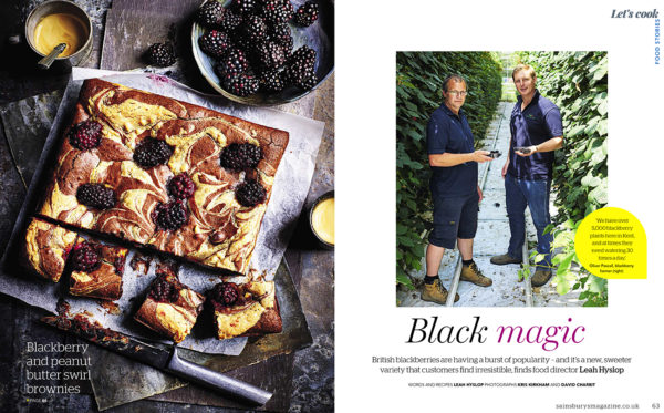 Creative food photography showing Black Magic cover and an open blackberry tart, cut into portions with a bowl of fresh blackberries beside