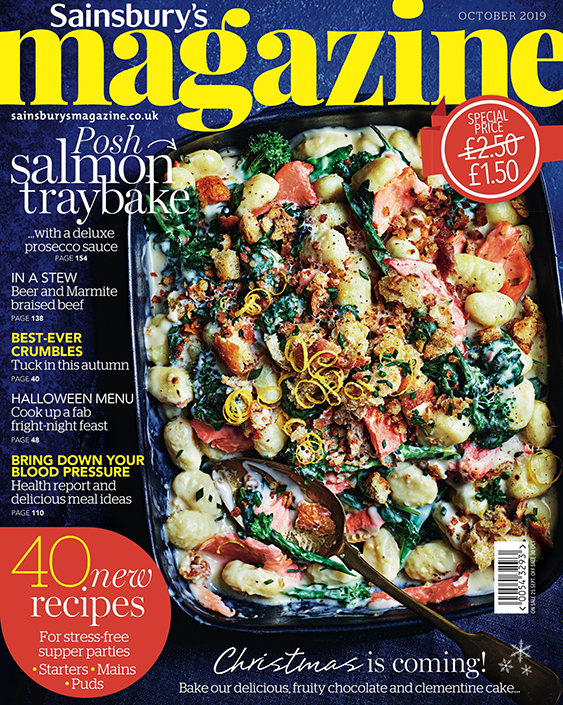 Creative food photography showing front cover of Sainsburys magazine, with a salmon traybake