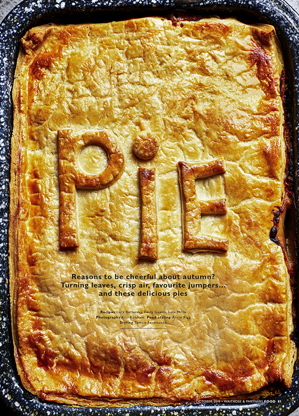Creative food photography showing a cooked pie with the word PIE in pastry