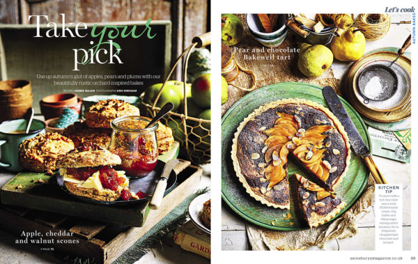 Creative food photography showing front cover of Orchard Bakes and a table laden with treats