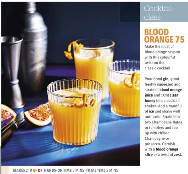Creative food photography showing Blood Orange 75 cocktail and recipe