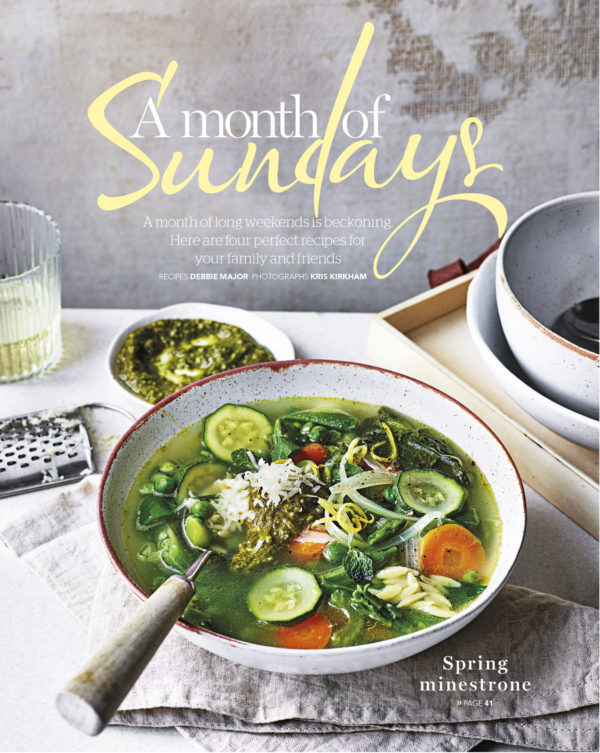 Creative food photography showing the front cover of a light soup with large chunks of courgette and carrot