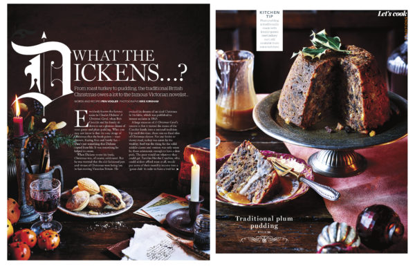 Creative food photography showing a traditional english Christmas pudding, with a slice taken and on a side plate