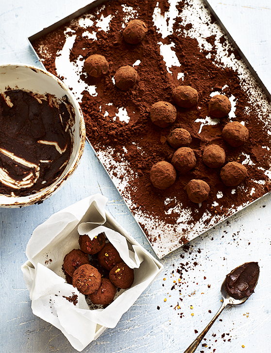 A tray of chocolate dusted truffles